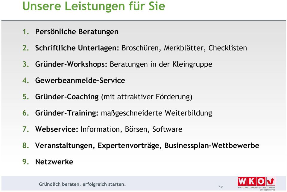 Gründer-Workshops: Beratungen in der Kleingruppe 4. Gewerbeanmelde-Service 5.