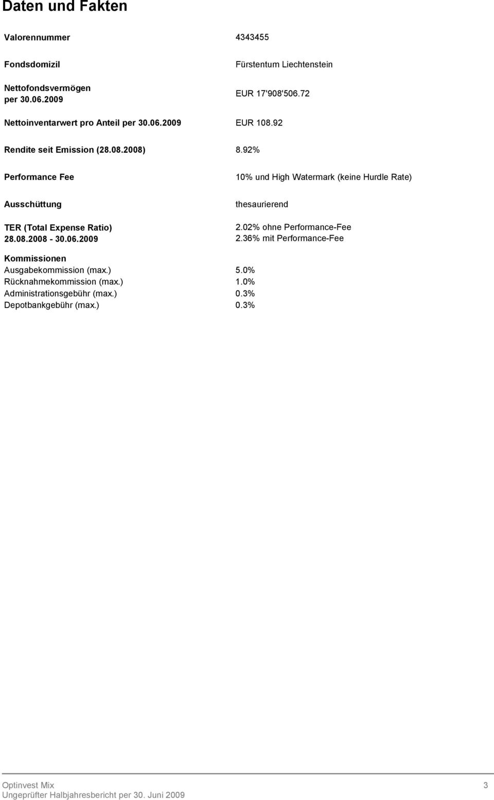 92% Performance Fee 10% und High Watermark (keine Hurdle Rate) Ausschüttung TER (Total Expense Ratio) 28.08.2008-30.06.