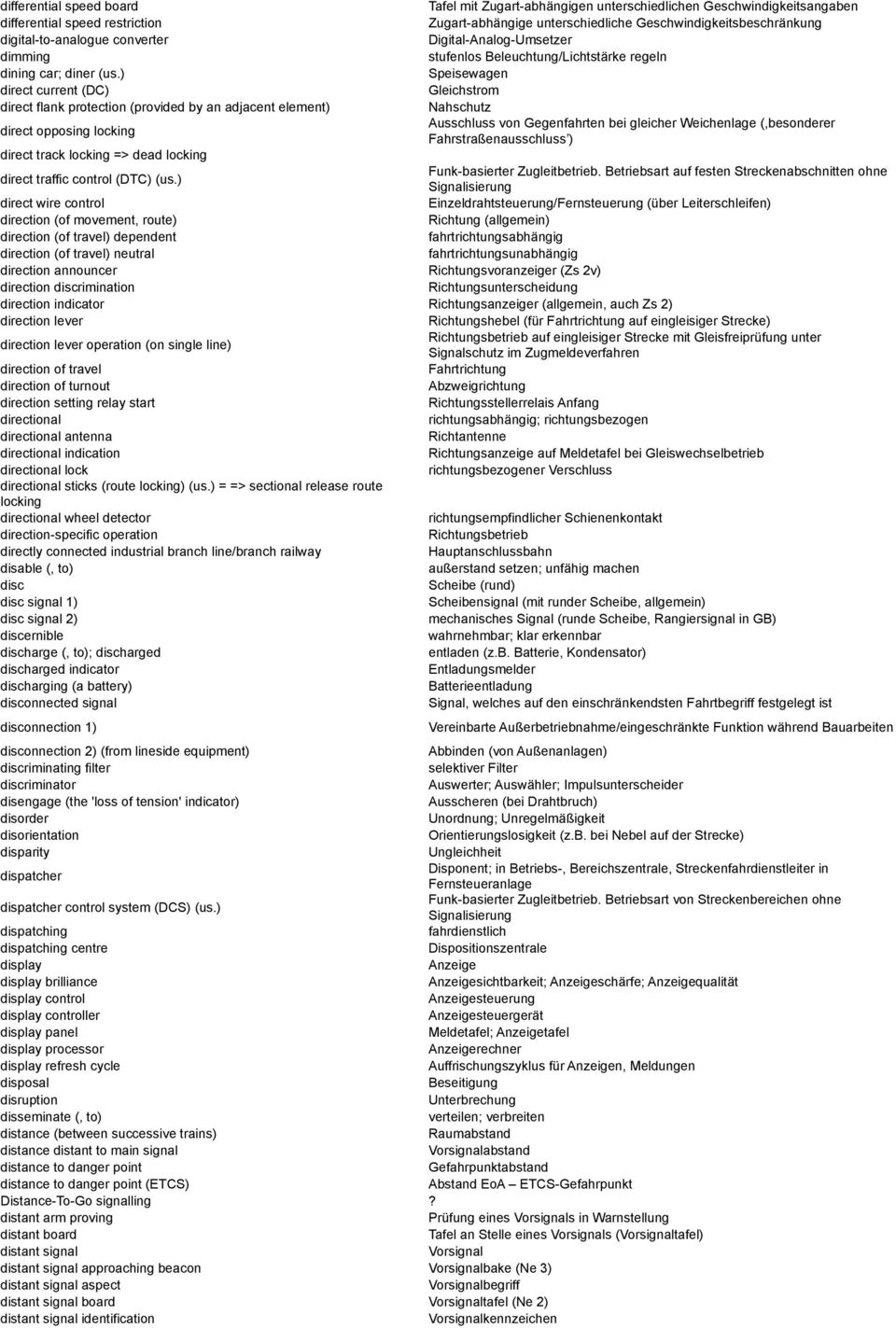 ) Speisewagen direct current (DC) Gleichstrom direct flank protection (provided by an adjacent element) Nahschutz direct opposing locking Ausschluss von Gegenfahrten bei gleicher Weichenlage