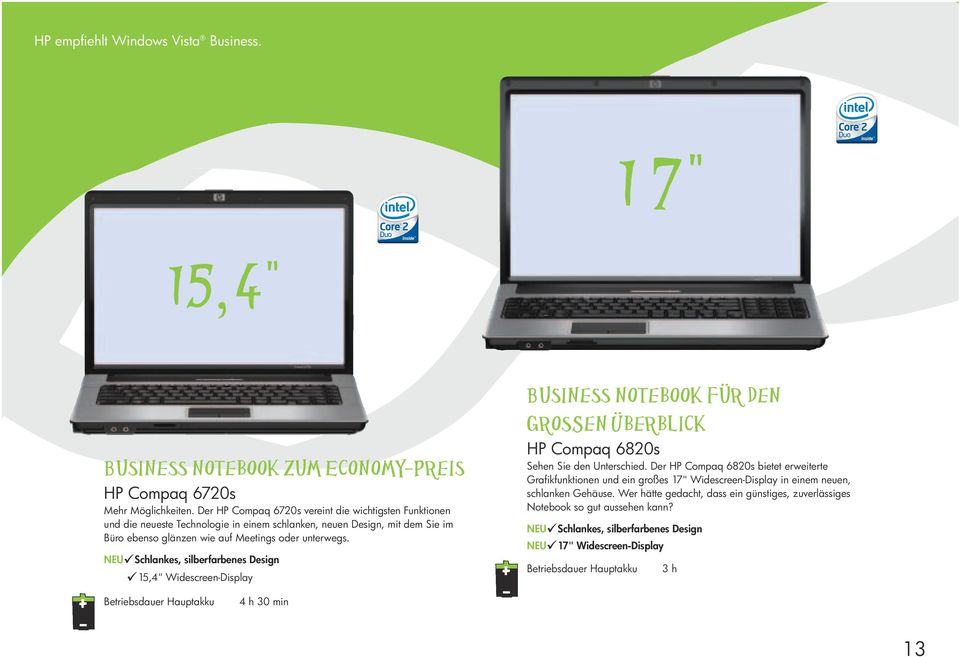 NEU Schlankes, silberfarbenes Design 15,4" Widescreen-Display Business notebook für den großen Überblick HP Compaq 6820s Sehen Sie den Unterschied.