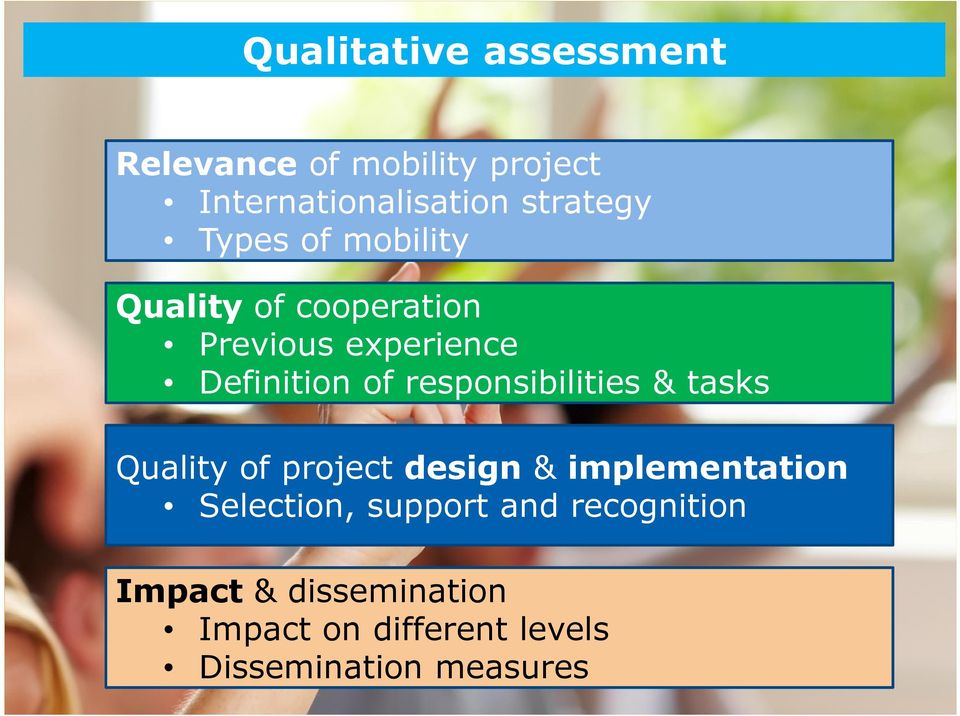responsibilities & tasks Quality of project design & implementation Selection,