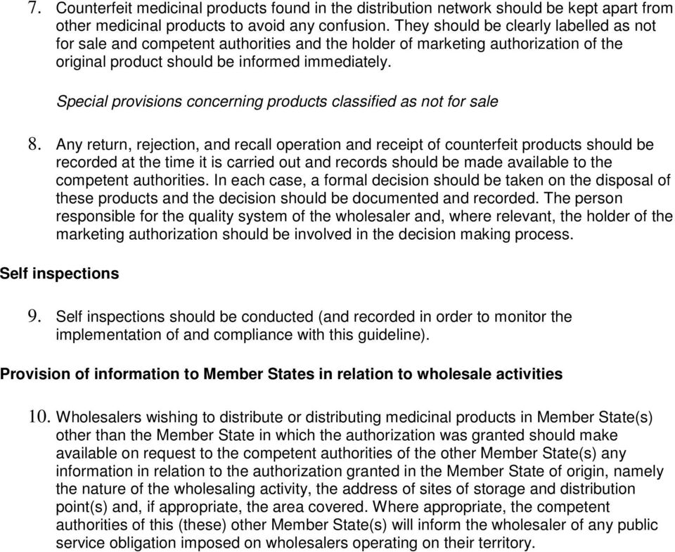 Special provisions concerning products classified as not for sale 8.