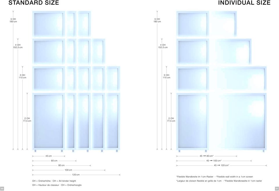 im 1cm-Raster *Flexible wall width in a 1cm screen OH = Ordnerhöhe OH = A4-binder height *Largeur de cloison