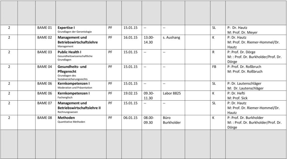 BAME 08 Methoden Quantitative Methoden PF 1.01.1 -- -- SL P: Dr. PF 16.01.1 13.00- s. Aushang K P: Dr. 14.30 PF 1.01.1 -- -- R P: Prof. Dr. PF 1.01.1 -- -- FB P: Prof. Dr. Roßbruch PF 1.