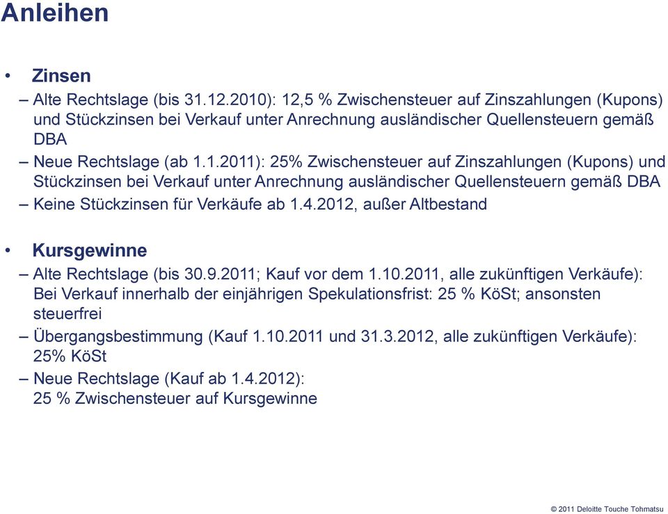 4.2012, außer Altbestand Kursgewinne Alte Rechtslage (bis 30.9.2011; Kauf vor dem 1.10.