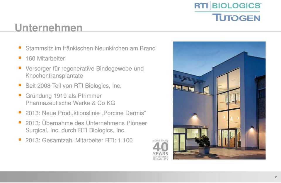 Gründung 1919 als Pfrimmer Pharmazeutische Werke & Co KG 2013: Neue Produktionslinie Porcine Dermis