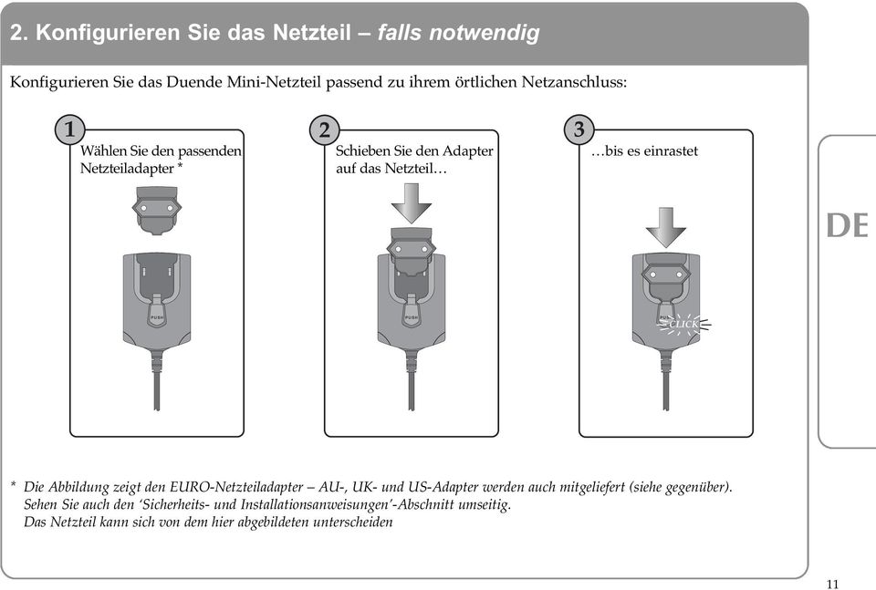 PUSH PUSH CLICK * Die Abbildung zeigt den EURO-Netzteiladapter AU-, UK- und US-Adapter werden auch mitgeliefert (siehe gegenüber).
