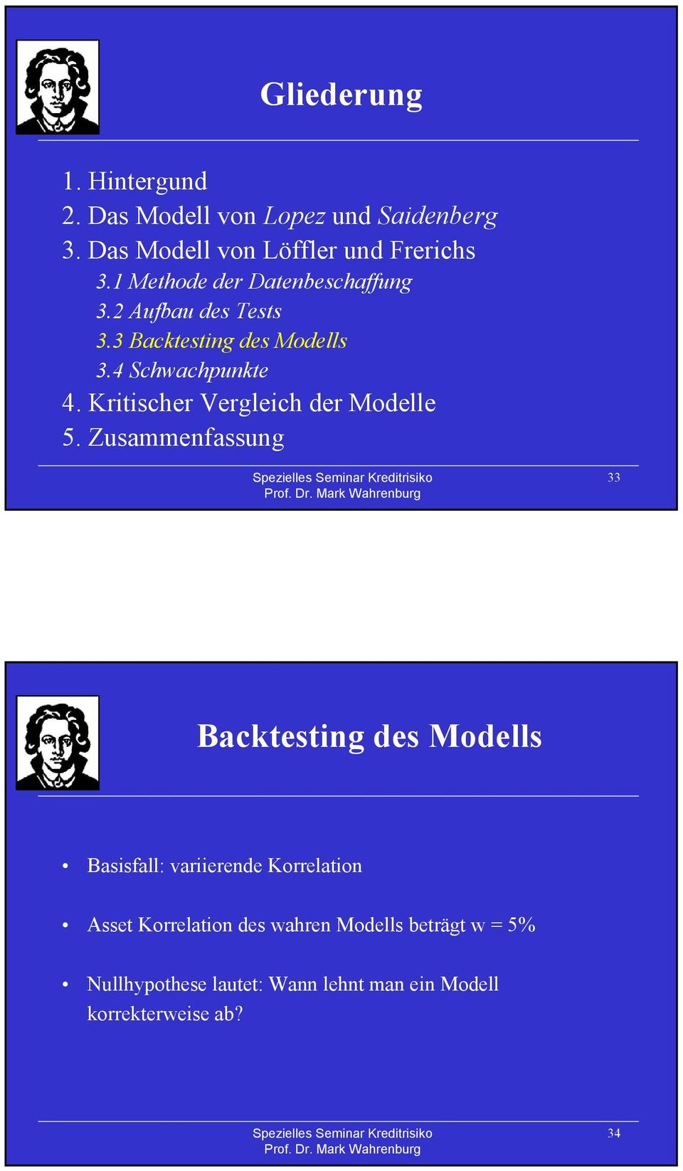 Kritischer Vergleich der Modelle 33 Backtesting des Modells Basisfall: variierende Korrelation Asset