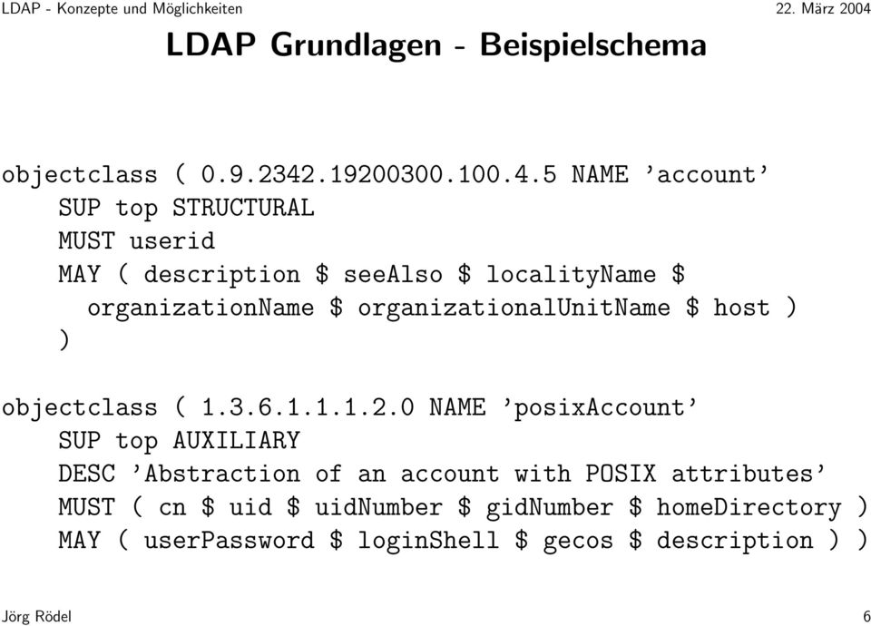 5 NAME account SUP top STRUCTURAL MUST userid MAY ( description $ seealso $ localityname $ organizationname $