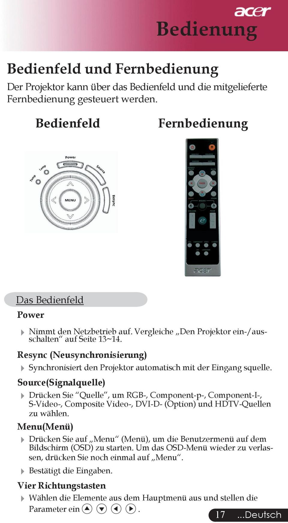 Resync (Neusynchronisierung) Synchronisiert den Projektor automatisch mit der Eingang squelle.