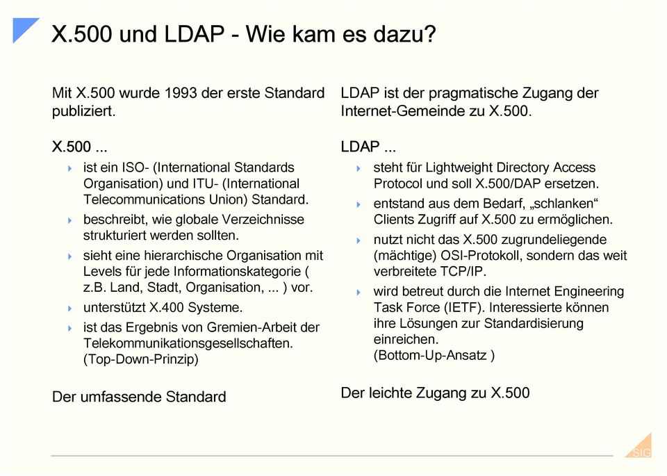 400 Systeme. ist das Ergebnis von Gremien-Arbeit der Telekommunikationsgesellschaften. (Top-Down-Prinzip) Der umfassende Standard LDAP ist der pragmatische Zugang der Internet-Gemeinde zu X.500. LDAP... steht für Lightweight Directory Access Protocol und soll X.