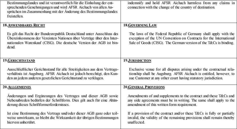 Die deutsche Version der AGB ist bindend. indemnify and hold AFSR Aichach harmless from any claims in connection with the change of the country of destination. 18.
