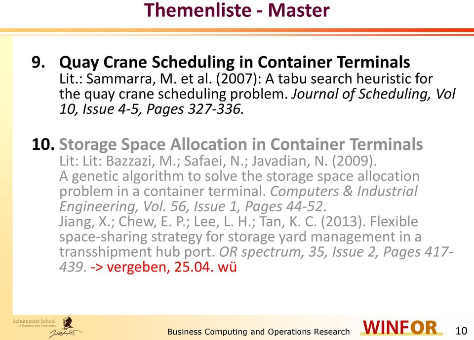 A genetic algorithm to solve the storage space allocation problem in a container terminal. Computers & Industrial Engineering, Vol. 56, Issue 1, Pages 44-52. Jiang, X.; Chew, E. P.; Lee, L.