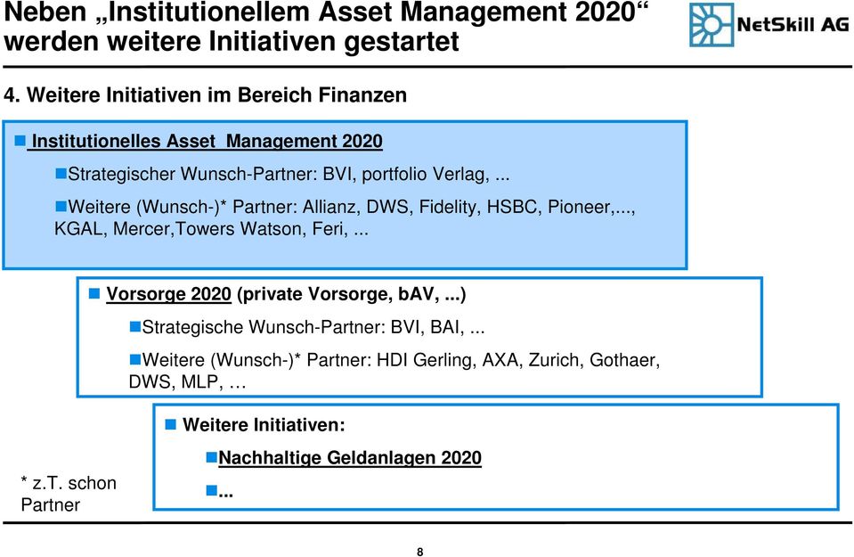 .. Weitere (Wunsch-)* Partner: Allianz, DWS, Fidelity, HSBC, Pioneer,..., KGAL, Mercer,Towers Watson, Feri,.