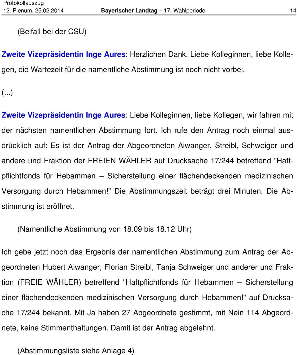 ..) Zweite Vizepräsidentin Inge Aures: Liebe Kolleginnen, liebe Kollegen, wir fahren mit der nächsten namentlichen Abstimmung fort.