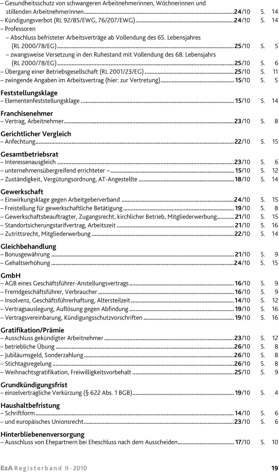 ..25/10 S. 11 zwingende Angaben im Arbeitsvertrag (hier: zur Vertretung)... 15/10 S. 5 Feststellungsklage Elementenfeststellungsklage... 15/10 S. 14 Franchisenehmer Vertrag, Arbeitnehmer...23/10 S.