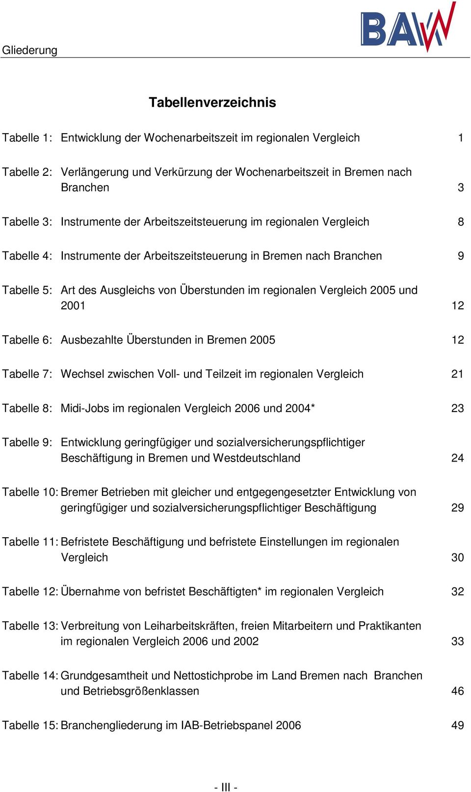 Vergleich 2005 und 2001 12 Tabelle 6: Ausbezahlte Überstunden in Bremen 2005 12 Tabelle 7: Wechsel zwischen Voll- und Teilzeit im regionalen Vergleich 21 Tabelle 8: Midi-Jobs im regionalen Vergleich