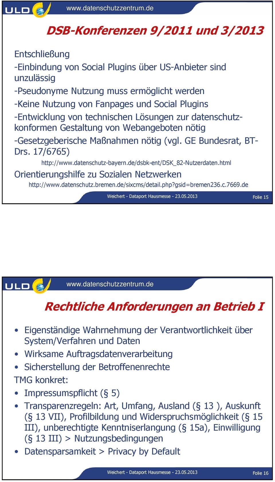 datenschutz-bayern.de/dsbk-ent/dsk_82-nutzerdaten.html Orientierungshilfe zu Sozialen Netzwerken http://www.datenschutz.bremen.de/sixcms/detail.php?gsid=bremen236.c.7669.