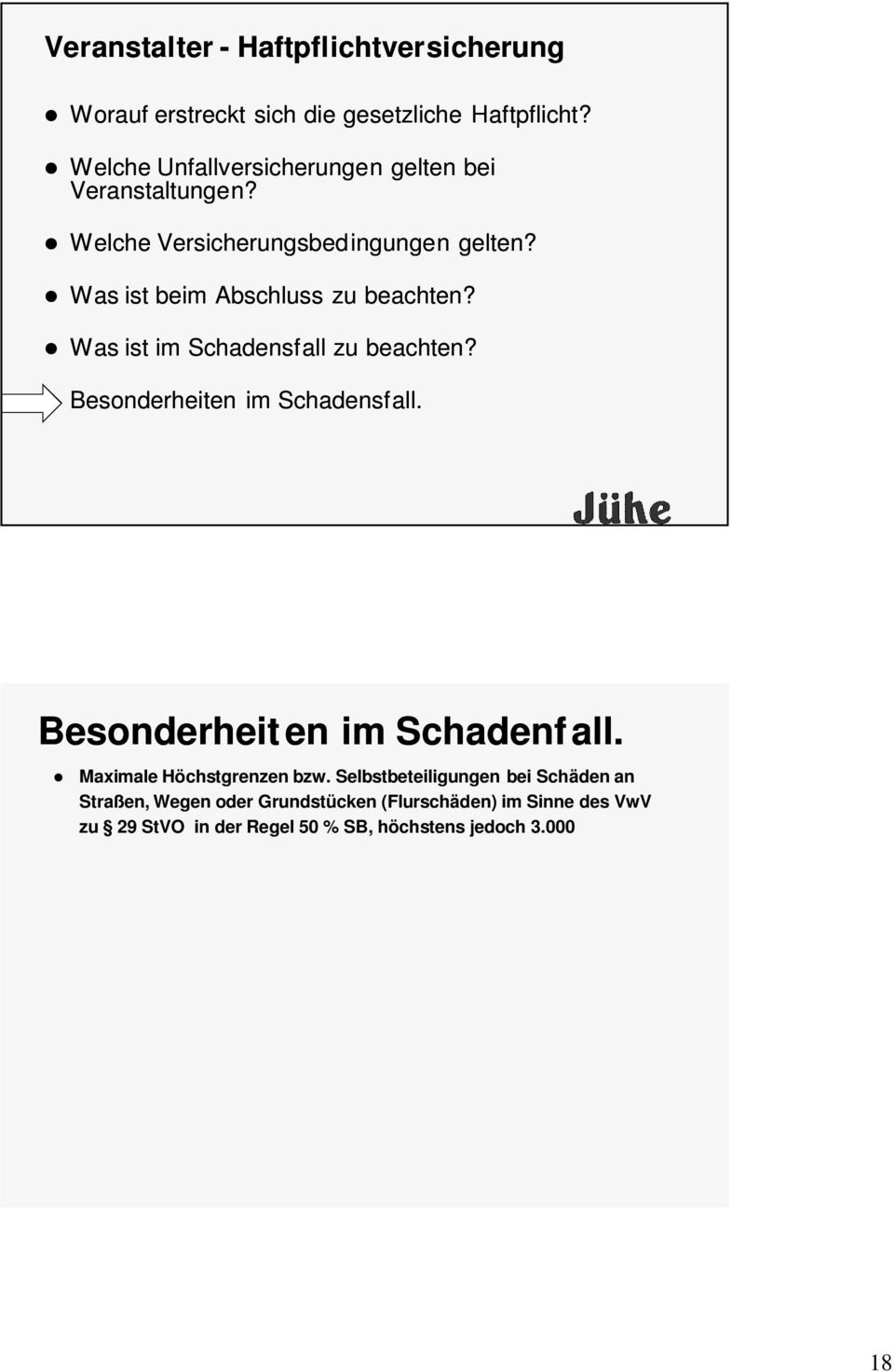 Selbstbeteiligungen bei Schäden an Straßen, Wegen oder Grundstücken (Flurschäden) im Sinne des VwV zu 29 StVO in der Regel 50 % SB, höchstens jedoch 3.000 je Veranstaltung.