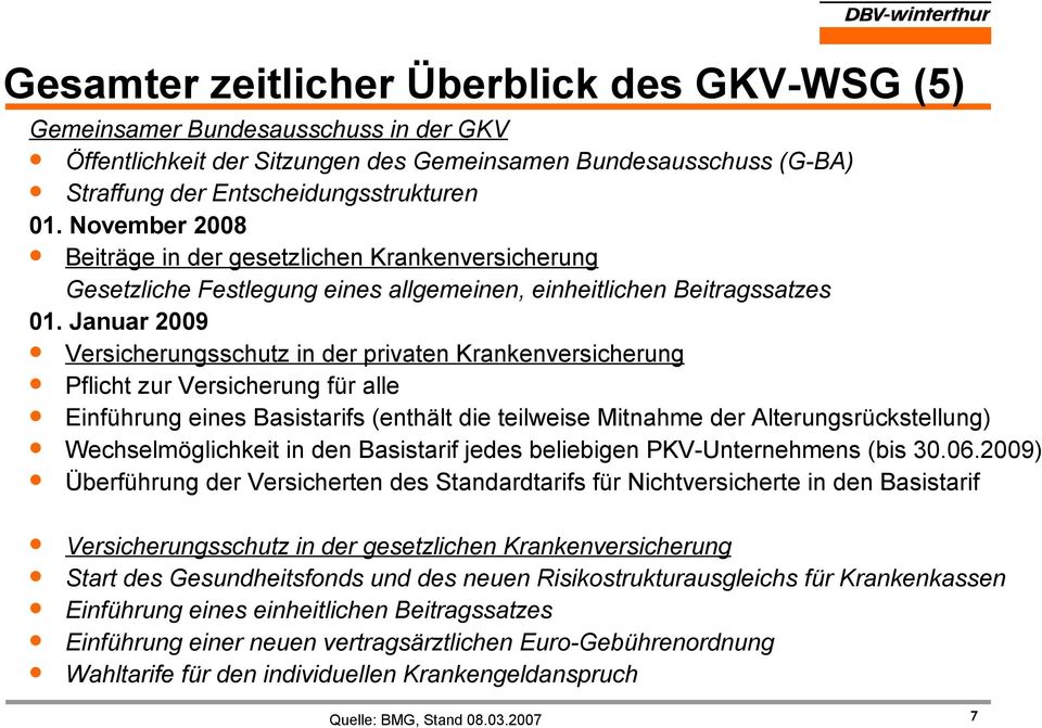 Januar 2009 Versicherungsschutz in der privaten Krankenversicherung Pflicht zur Versicherung für alle Einführung eines Basistarifs (enthält die teilweise Mitnahme der Alterungsrückstellung)