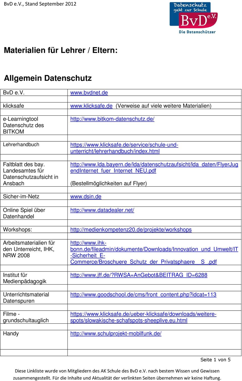 Unterrichtsmaterial Datenspuren Filme - grundschultauglich Handy www.bvdnet.de www.klicksafe.de (Verweise auf viele weitere Materialien) http://www.bitkom-datenschutz.de/ http://www.lda.bayern.