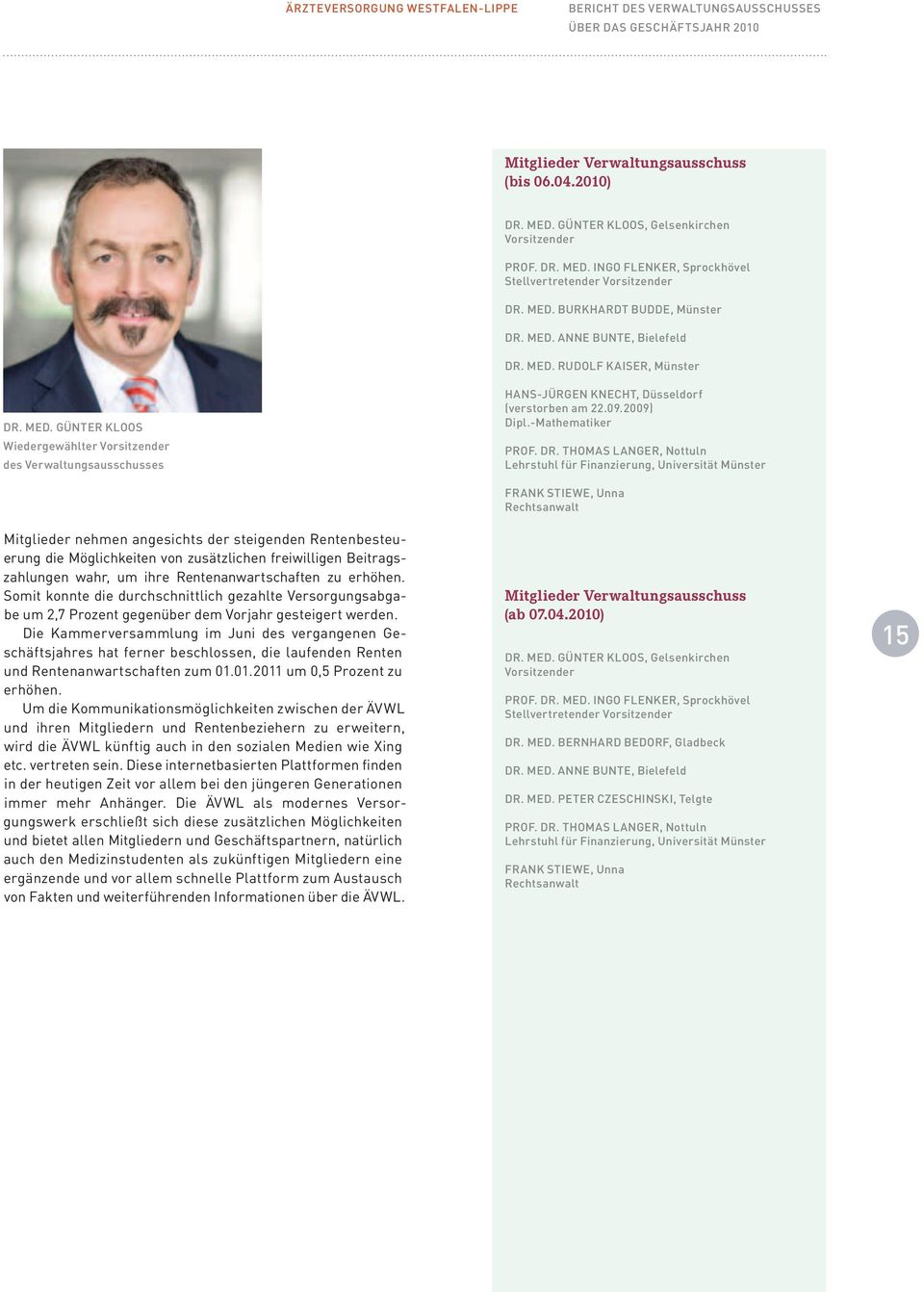 Günter Kloos Wiedergewählter Vorsitzender des Verwaltungsausschusses Hans-Jürgen Knecht, Düsseldorf (verstorben am 22.09.2009) Dipl.-Mathematiker Prof. Dr.