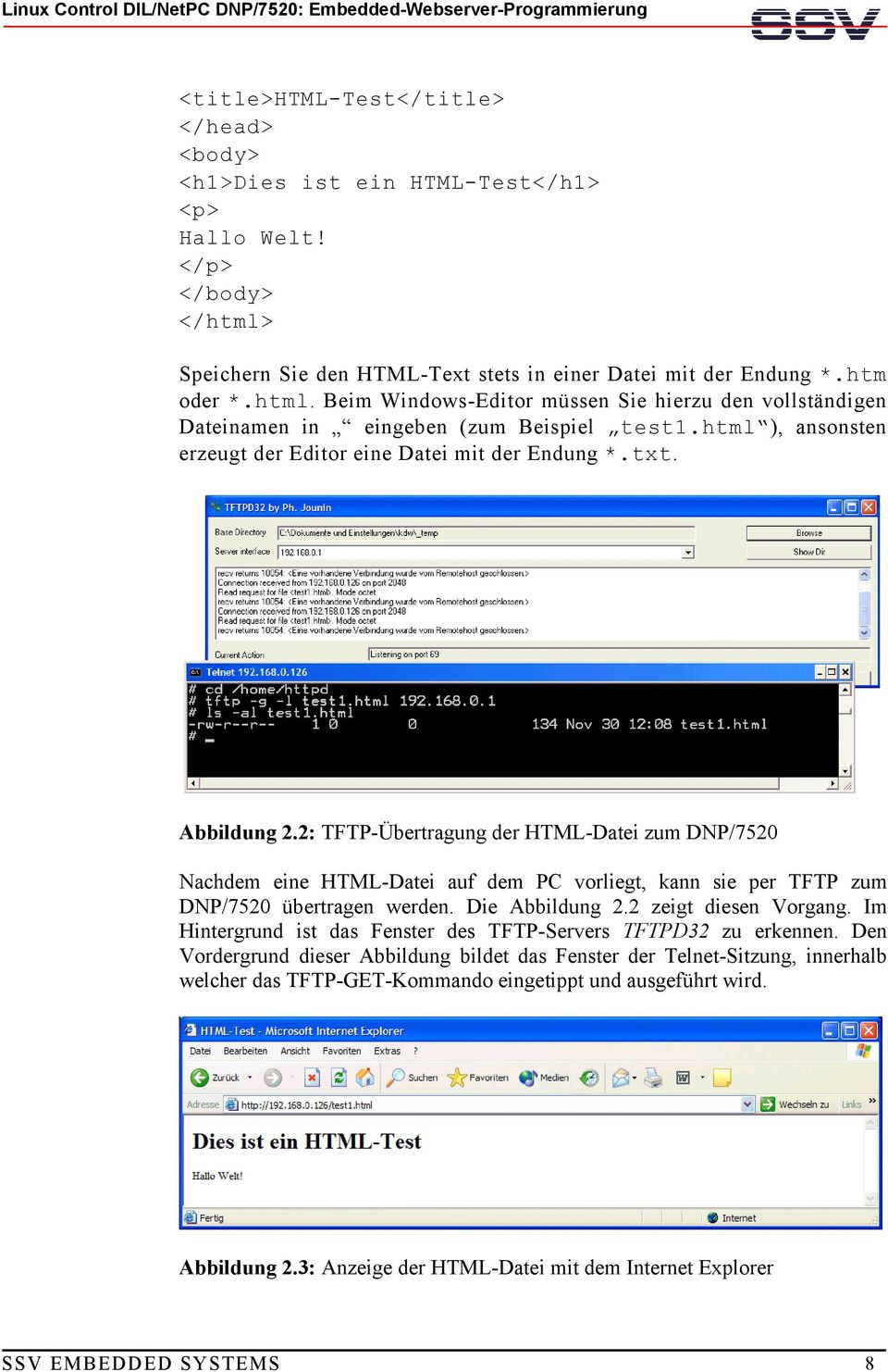 2: TFTP-Übertragung der HTML-Datei zum DNP/7520 Nachdem eine HTML-Datei auf dem PC vorliegt, kann sie per TFTP zum DNP/7520 übertragen werden. Die Abbildung 2.2 zeigt diesen Vorgang.