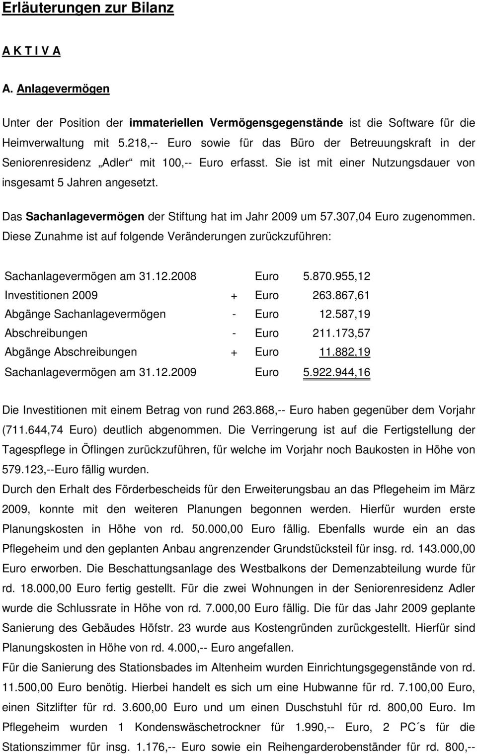 Das Sachanlagevermögen der Stiftung hat im Jahr 2009 um 57.307,04 Euro zugenommen. Diese Zunahme ist auf folgende Veränderungen zurückzuführen: Sachanlagevermögen am 31.12.2008 Euro 5.870.