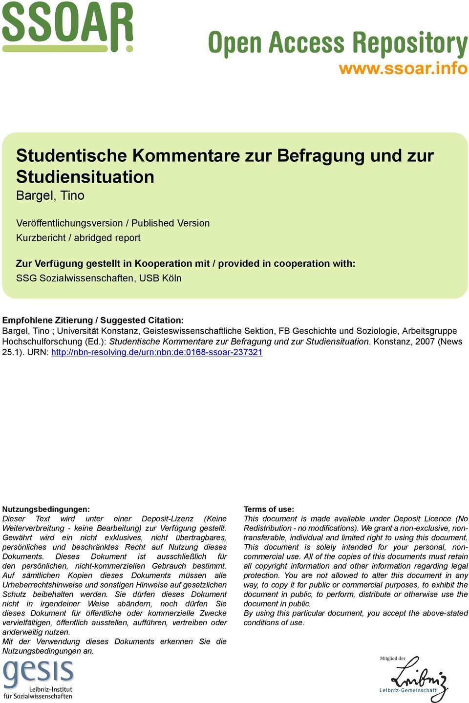 provided in cooperation with: SSG Sozialwissenschaften, USB Köln Empfohlene Zitierung / Suggested Citation: Bargel, Tino ; Universität Konstanz, Geisteswissenschaftliche Sektion, FB Geschichte und