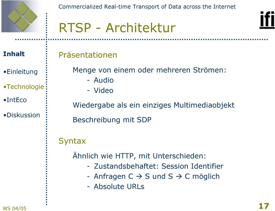 Beschreibung mit SDP Syntax Ähnlich wie HTTP, mit Unterschieden: -