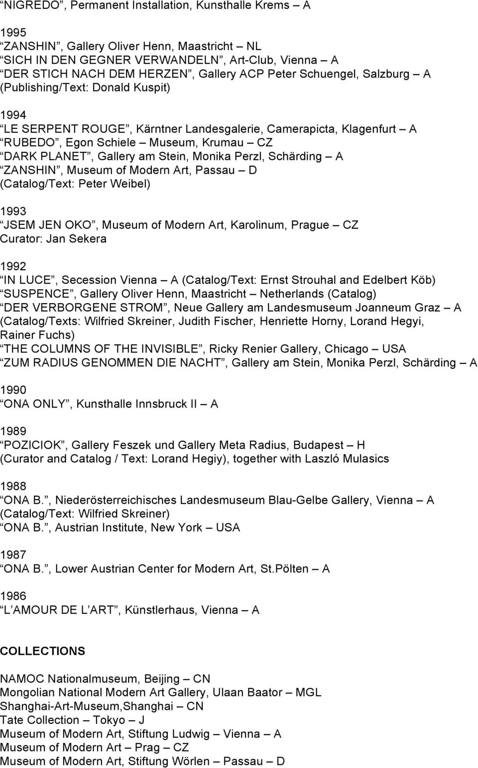 Monika Perzl, Schärding A ZANSHIN, Museum of Modern Art, Passau D (Catalog/Text: Peter Weibel) 1993 JSEM JEN OKO, Museum of Modern Art, Karolinum, Prague CZ Curator: Jan Sekera 1992 IN LUCE,
