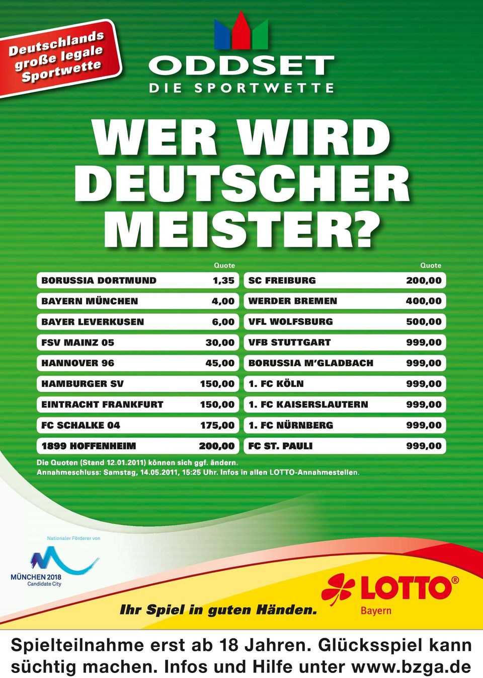 1899 HOFFENHEIM 200,00 Quote SC FREIBURG 200,00 WERDER BREMEN 400,00 VFL WOLFSBURG 500,00 VFB STUTTGART 999,00 BORUSSIA M GLADBACH 999,00 1. FC KÖLN 999,00 1.