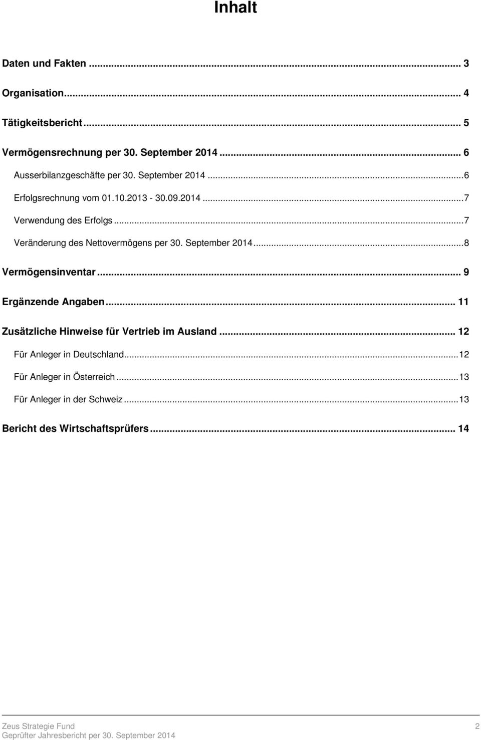.. 7 Veränderung des Nettovermögens per 30. September 2014... 8 Vermögensinventar... 9 Ergänzende Angaben.