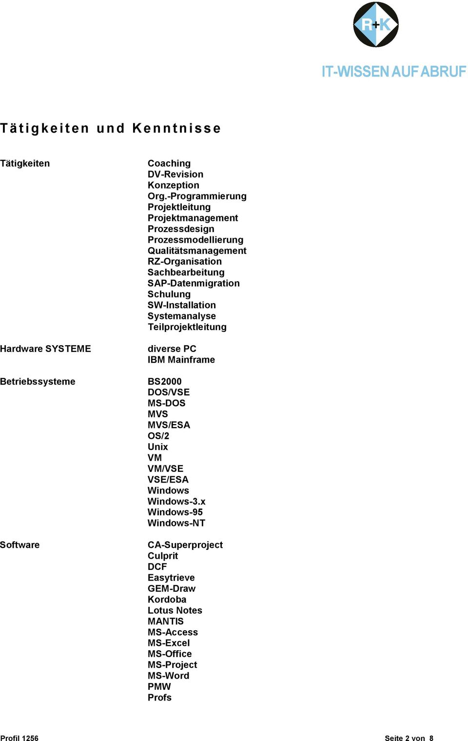 Schulung SW-Installation Systemanalyse Teilprojektleitung diverse PC IBM Mainframe BS2000 DOS/VSE MS-DOS MVS MVS/ESA OS/2 Unix VM VM/VSE VSE/ESA Windows