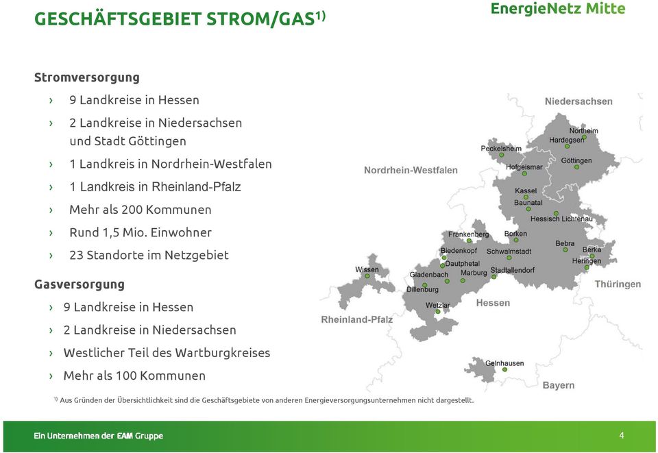 Einwohner 23 Standorte im Netzgebiet Gasversorgung 9 Landkreise in Hessen 2 Landkreise in Niedersachsen Westlicher Teil des