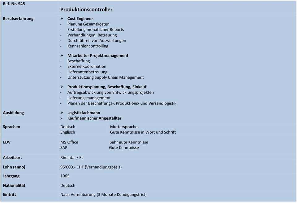 Kennzahlencontrolling Mitarbeiter Projektmanagement - Beschaffung - Externe Koordination - Lieferantenbetreuung - Unterstützung Supply Chain Management