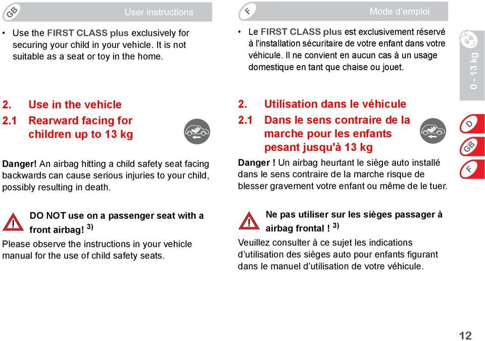 Use in the vehicle 2.1 Rearward facing for children up to 13 kg Danger! An airbag hitting a child safety seat facing backwards can cause serious injuries to your child, possibly resulting in death.