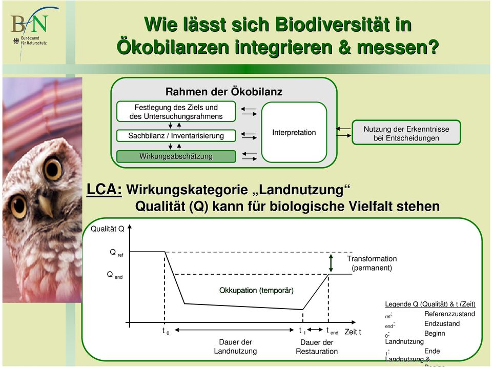 Entscheidungen Wirkungsabschätzung LCA: Wirkungskategorie Landnutzung Qualität (Q) kann für f r biologische Vielfalt stehen Qualität t Q Q ref Q end
