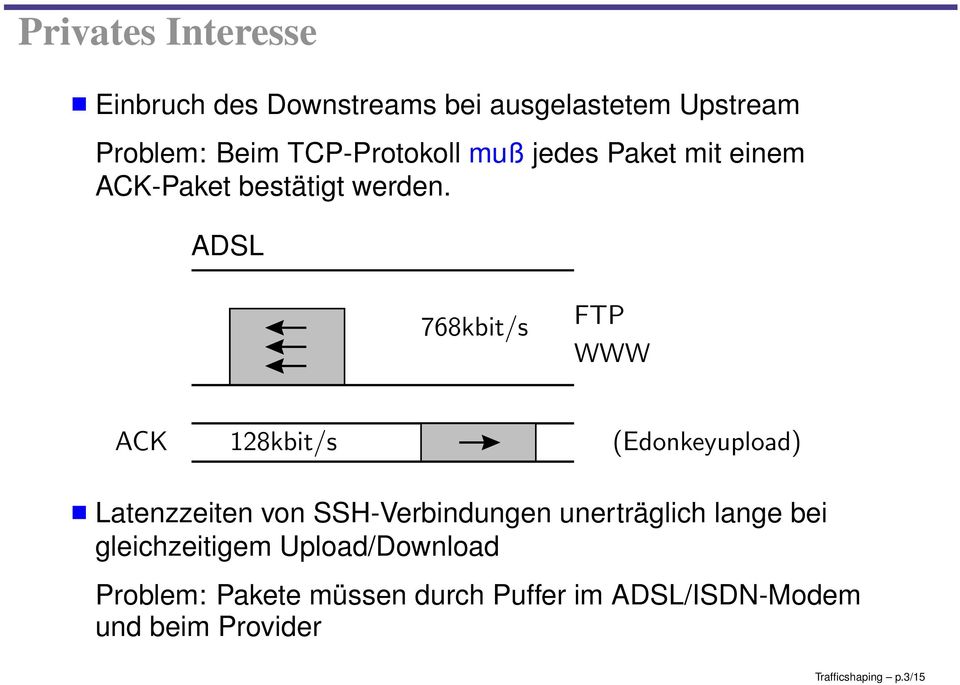 ADSL 768kbit/s FTP WWW ACK 128kbit/s (Edonkeyupload) Latenzzeiten von SSH-Verbindungen
