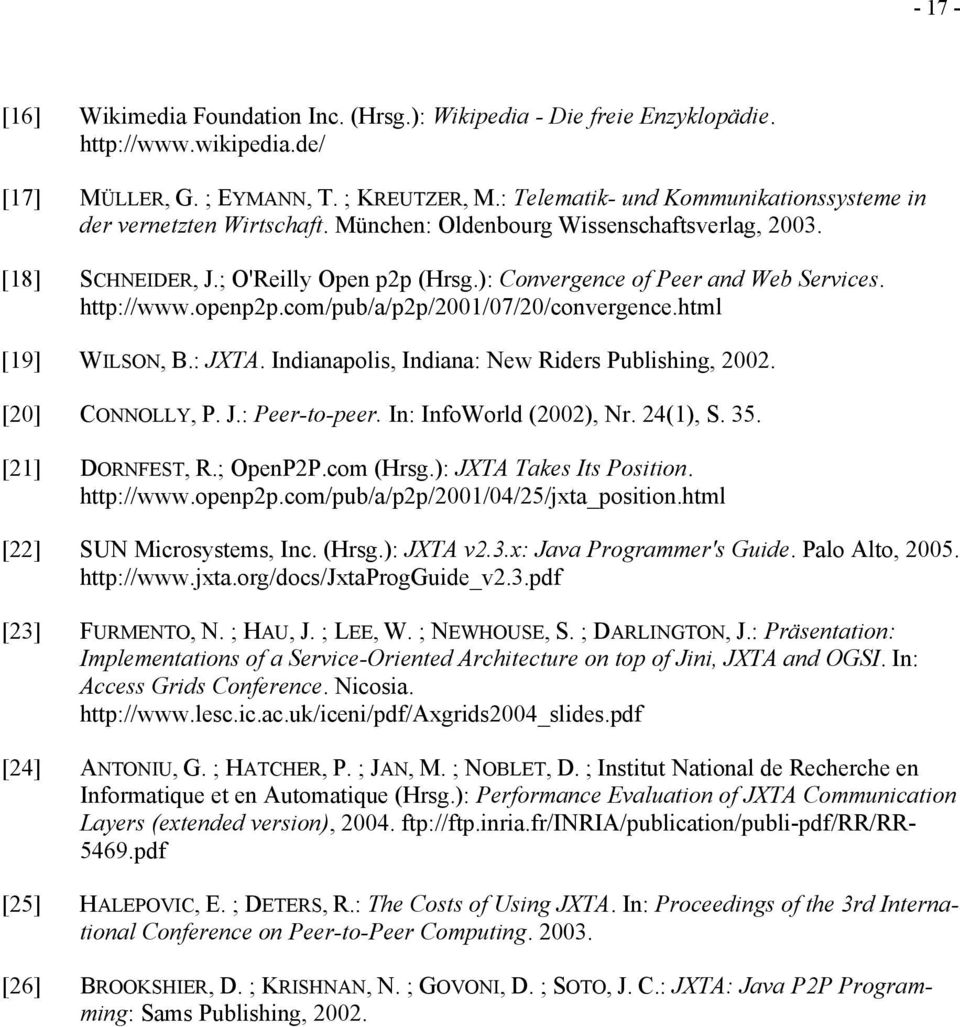 http://www.openp2p.com/pub/a/p2p/2001/07/20/convergence.html [19] WILSON, B.: JXTA. Indianapolis, Indiana: New Riders Publishing, 2002. [20] CONNOLLY, P. J.: Peer-to-peer. In: InfoWorld (2002), Nr.