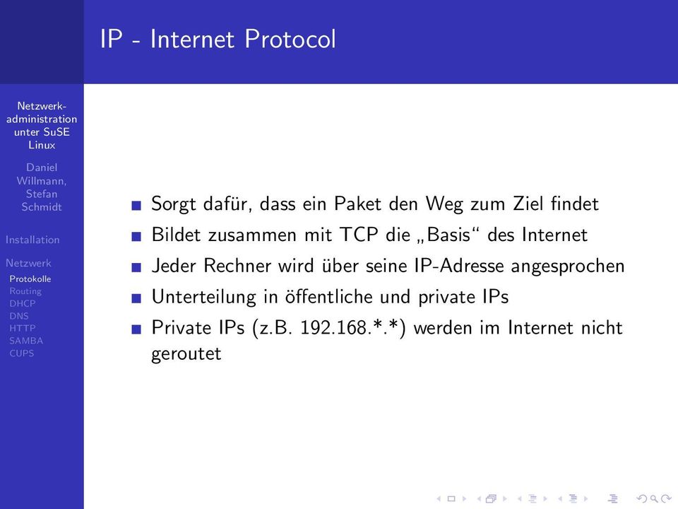 Internet Jeder Rechner wird über seine IP-Adresse angesprochen Unterteilung in