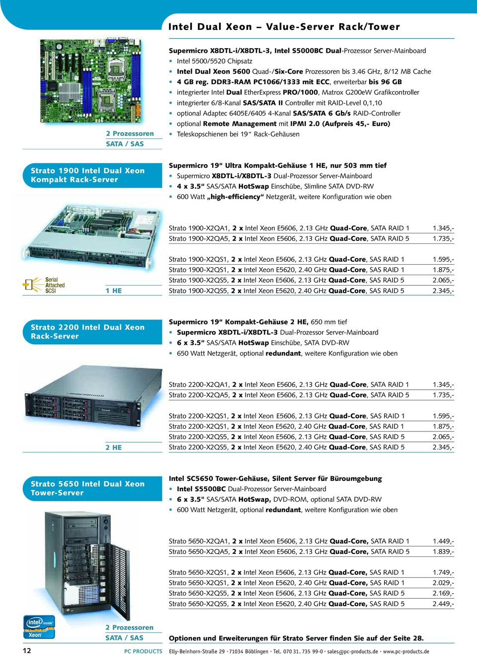 DDR3-RAM PC1066/1333 mit ECC, erweiterbar bis 96 GB integrierter Intel Dual EtherExpress PRO/1000, Matrox G200eW Grafikcontroller integrierter 6/8-Kanal SAS/SATA II Controller mit RAID-Level 0,1,10
