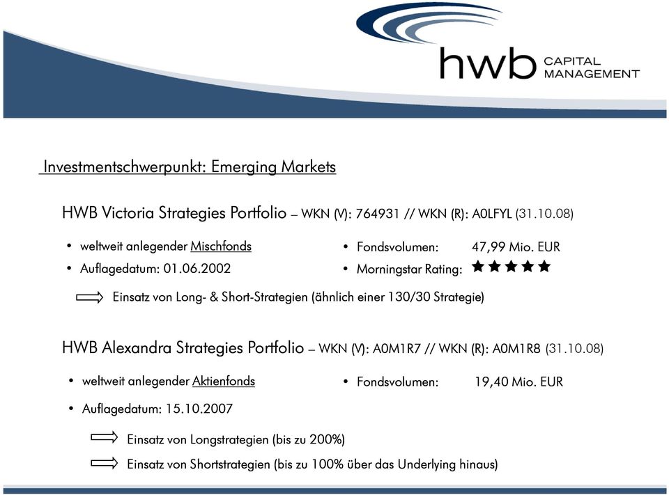 . EUR Morningstar Rating: Einsatz von Long- & Short-Strategien Strategien (ähnlich einer 130/30 Strategie) HWB Alexandra Strategies Portfolio WKN (V): A0M1R7 //