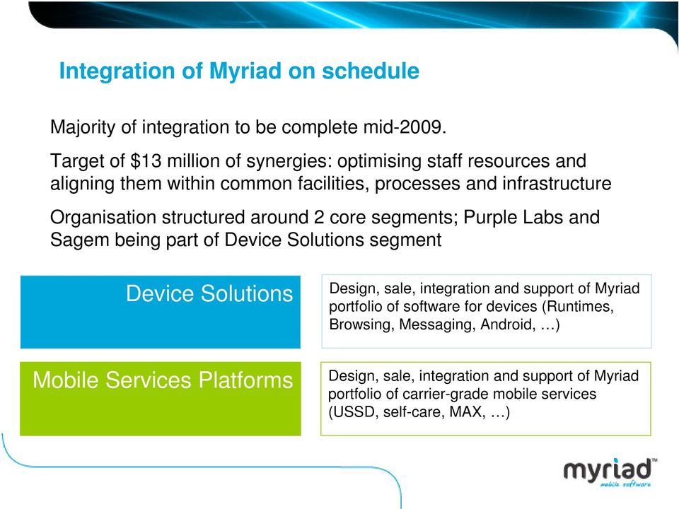 structured around 2 core segments; Purple Labs and Sagem being part of Device Solutions segment Device Solutions Mobile Services Platforms Design, sale,