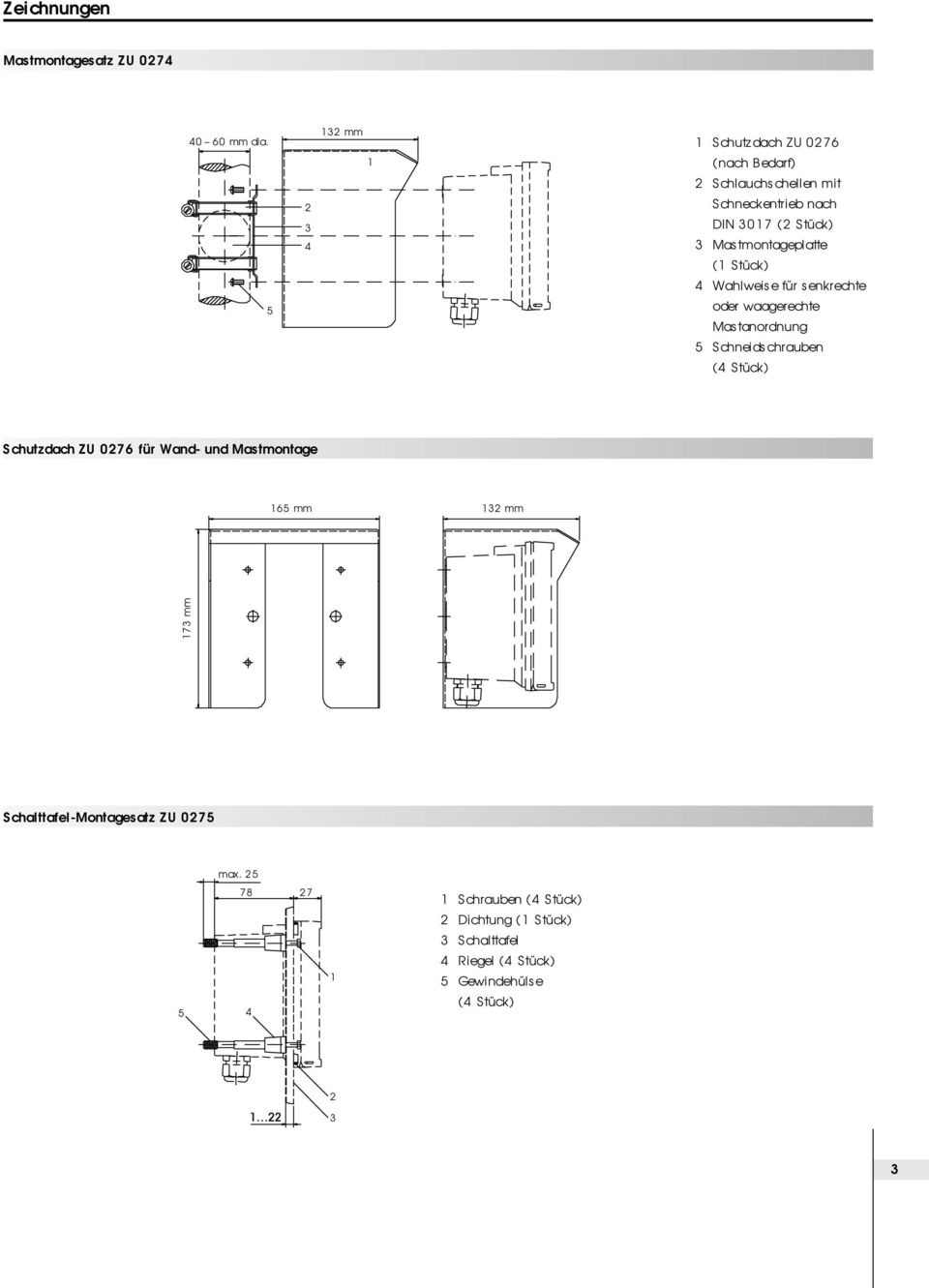 Mastmontageplatte (1 Stück) 4 Wahlweise für senkrechte oder waagerechte Mastanordnung 5 Schneidschrauben (4 Stück) Schutzdach