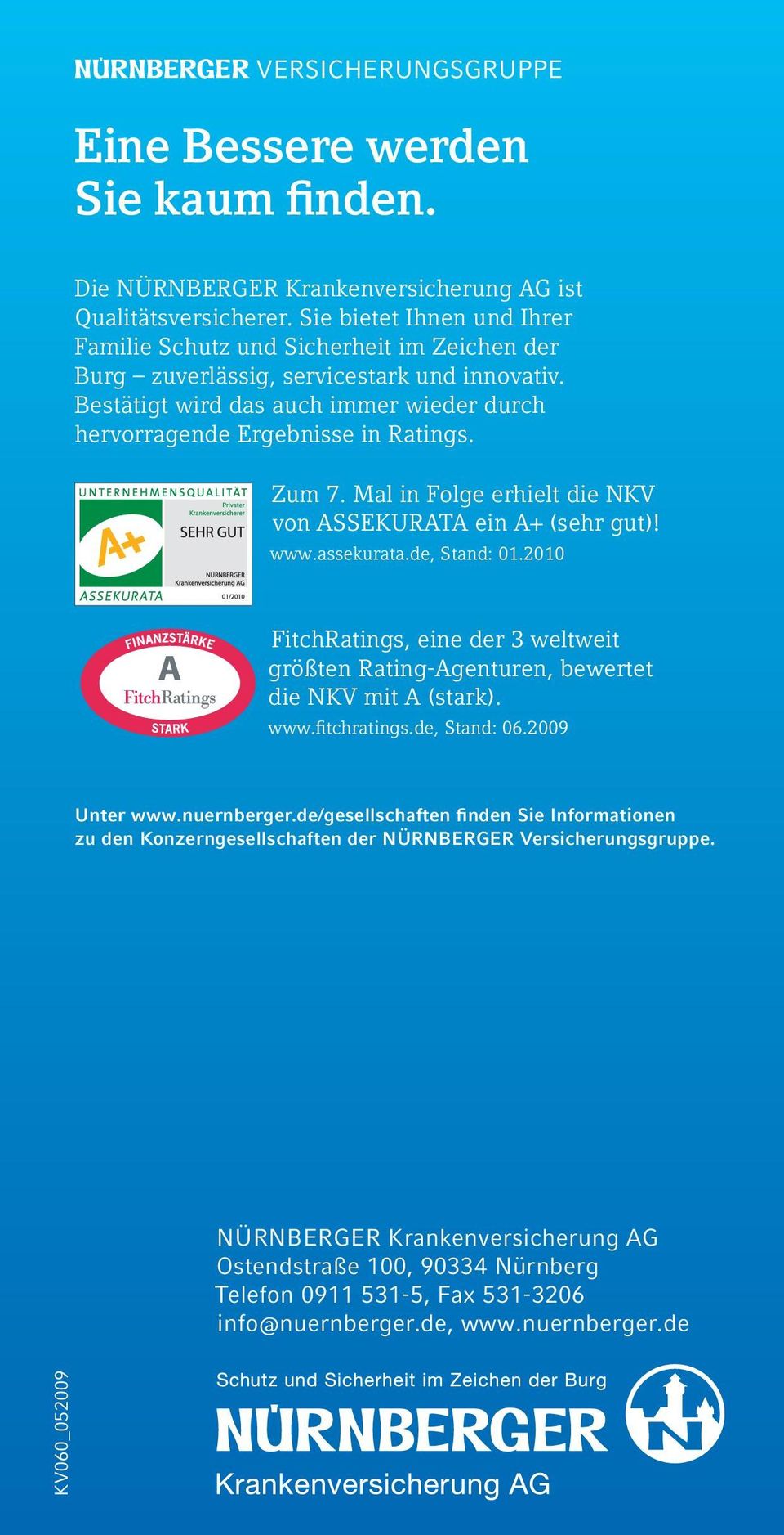 Zum 7. Mal in Folge erhielt die NKV von ASSEKURATA ein A+ (sehr gut)! www.assekurata.de, Stand: 01.2010 FitchRatings, eine der 3 weltweit größten Rating-Agenturen, bewertet die NKV mit A (stark). www.fitchratings.