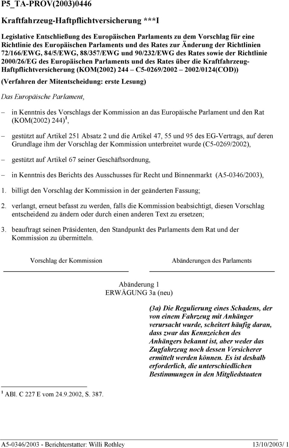 Haftpflichtversicherung (KOM(2002) 244 C5-0269/2002 2002/0124(COD)) (Verfahren der Mitentscheidung: erste Lesung) Das Europäische Parlament, in Kenntnis des Vorschlags der Kommission an das