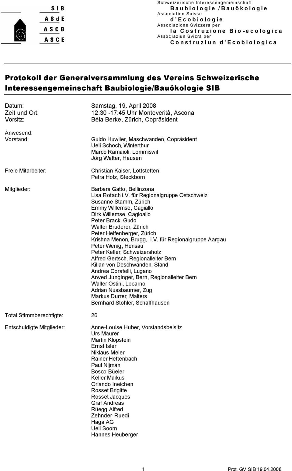 Schoch, Winterthur Marco Ramaioli, Lommiswil Jörg Watter, Hausen Christian Kaiser, Lottstetten Petra Hotz, Steckborn Barbara Gatto, Bellinzona Lisa Rotach i.v.