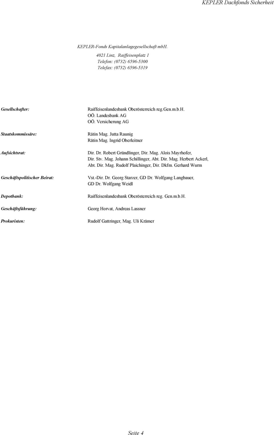 Prokuristen: Raiffeisenlandesbank Oberösterreich reg.gen.m.b.h. OÖ. Landesbank AG OÖ. Versicherung AG Rätin Mag. Jutta Raunig Rätin Mag. Ingrid Oberleitner Dir. Dr. Robert Gründlinger, Dir.