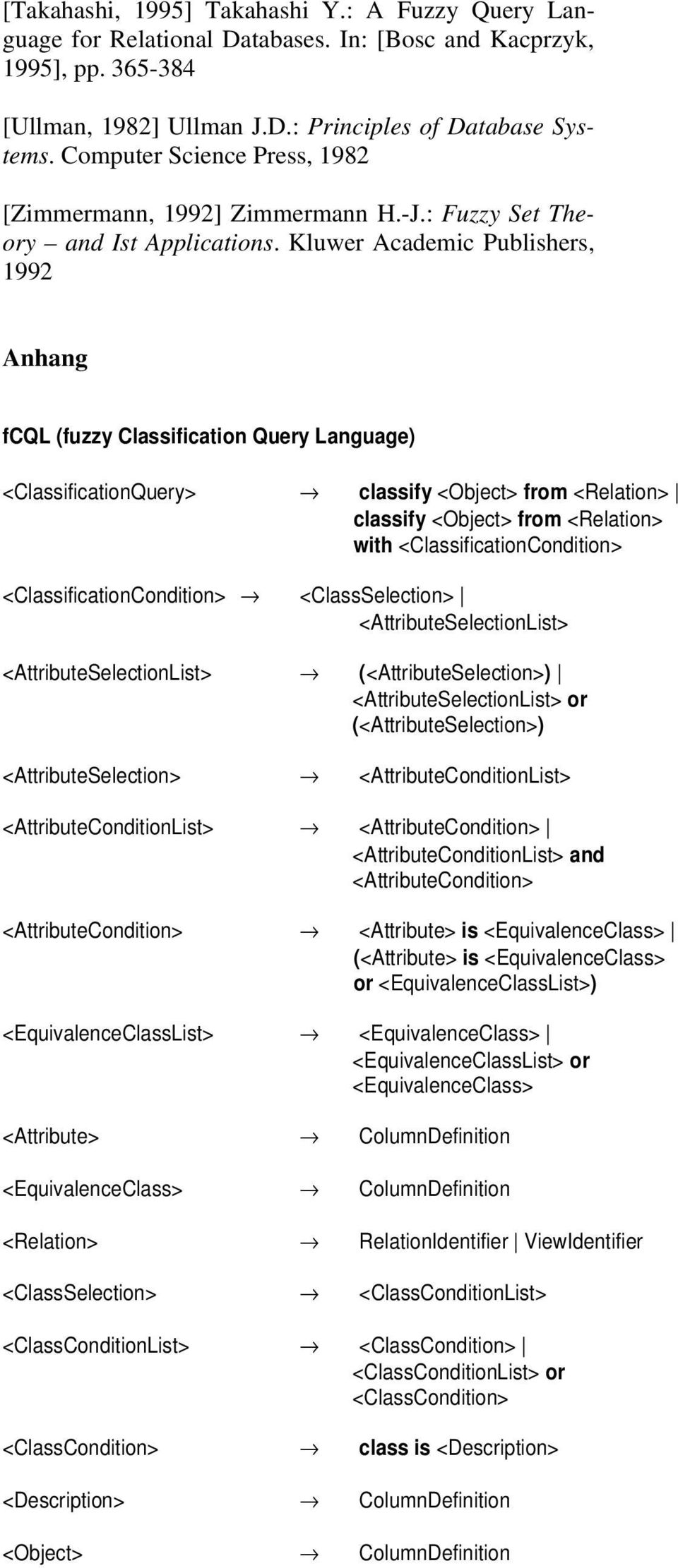 Kluwer Academic Publishers, 1992 Anhang fcql (fuzzy Classification Query Language) <ClassificationQuery> classify <Object> from <Relation> classify <Object> from <Relation> with
